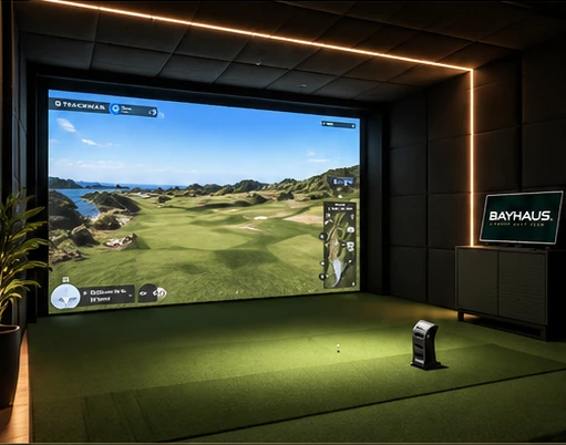 BAYHAUS private indoor golf simulator concept with premium dark finishes